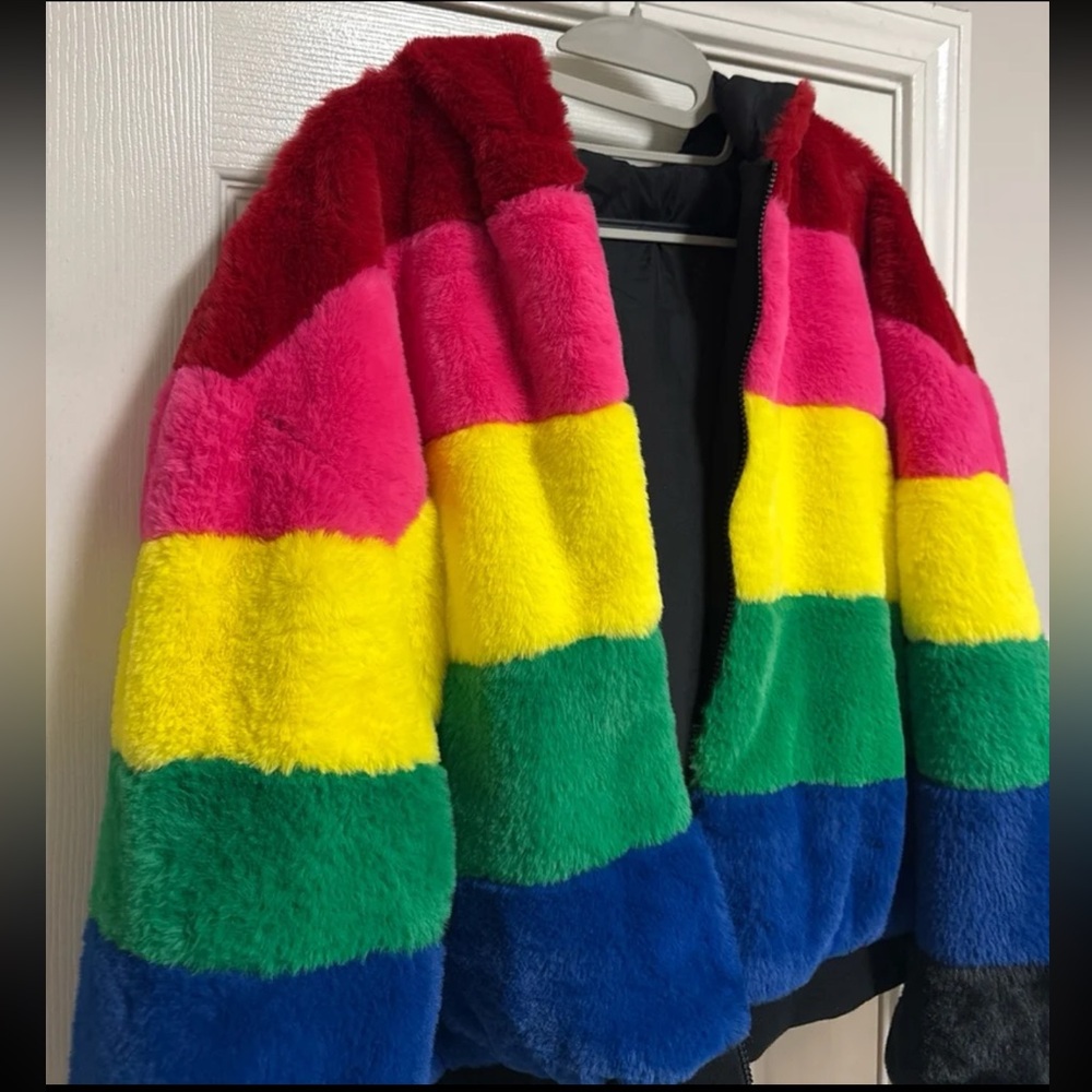 NWT New York & Company Rainbow Reversible Hooded Faux-Fur Jacket - Picture 8 of 12